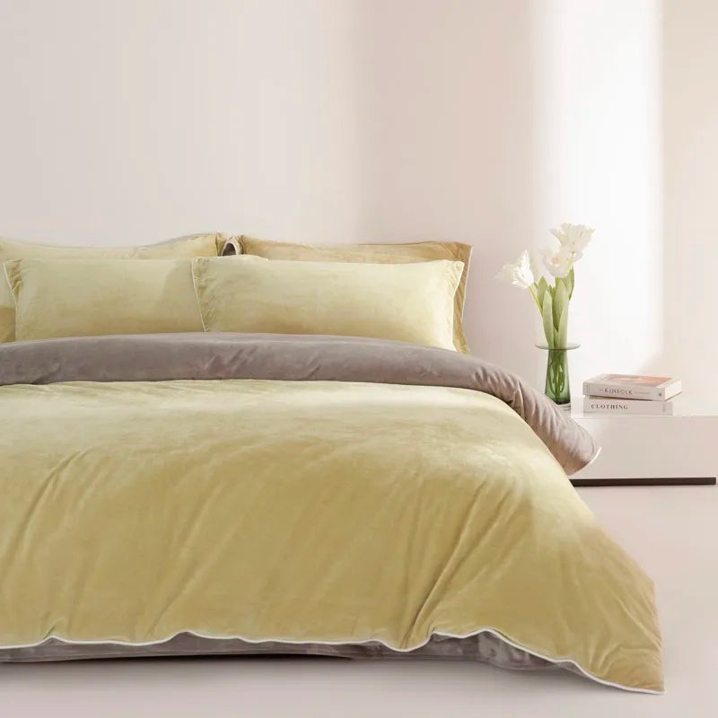 Queen size Yellow and Grey 500TC Reversible Fluffy Microfiber Duvet Cover Set with Sheets and Pillowcases
