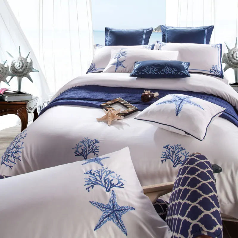Queen size luxury sheets 600TC Blue Embroidery Egyptian Cotton Bedding Set