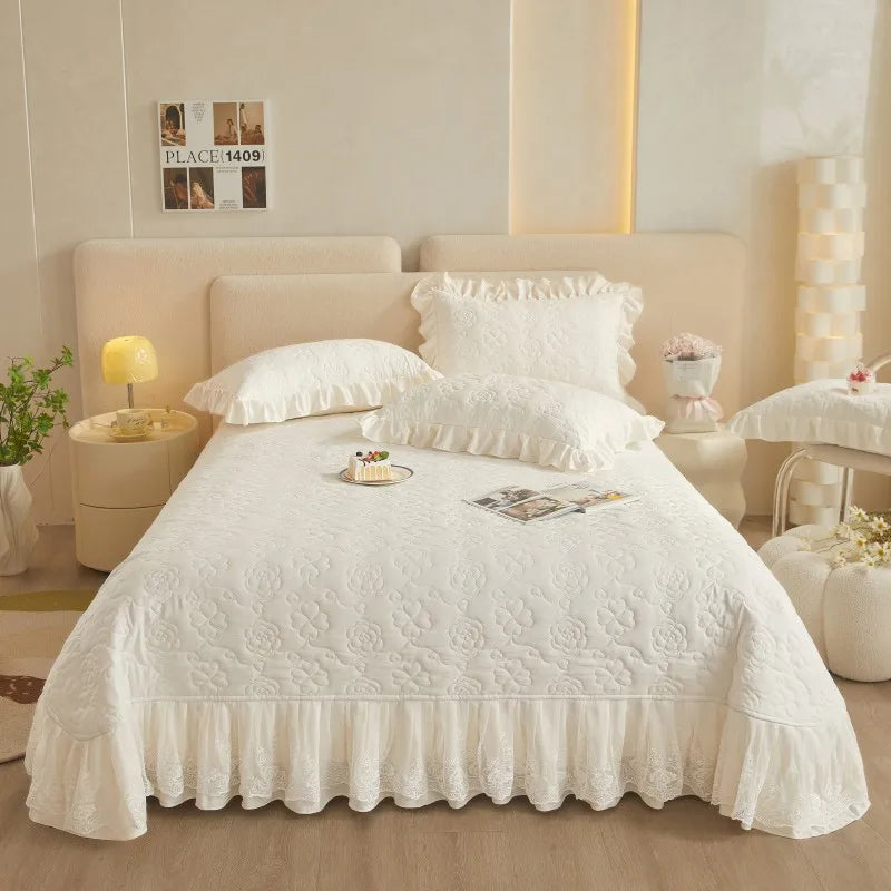 Quilted Floral Embossed Lace Bedding Set - White