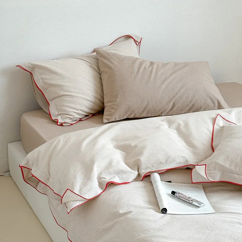 400TC Washed Cotton Pinstripe Duvet Cover Bedding Set 4Pcs - Beige