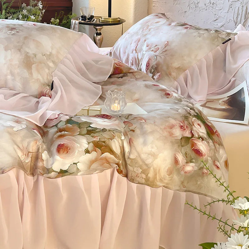 French Romantic 600TC Cotton Floral Bedding Set - Pink