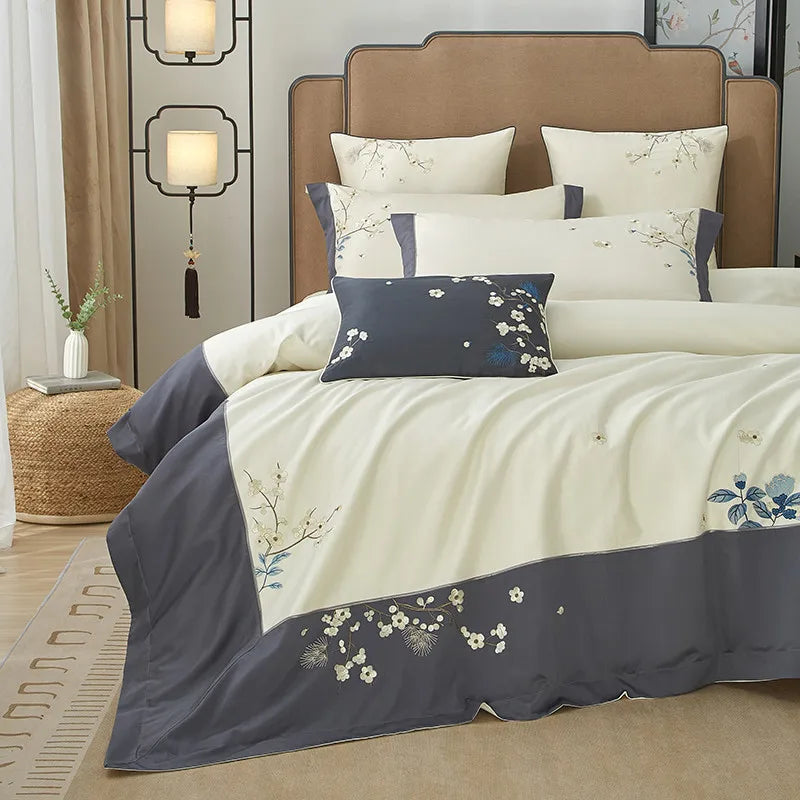600TC Egyptian Cotton Embroidered Patchwork Bedding Set - Gray