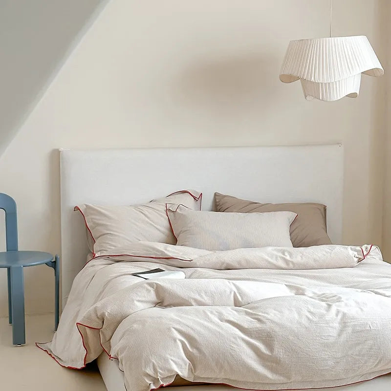 400TC Washed Cotton Pinstripe Duvet Cover Bedding Set 4Pcs - Beige