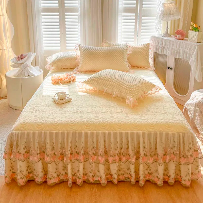 400TC Lace Embroidery Ruffled Bed Skirt Set - Yellow