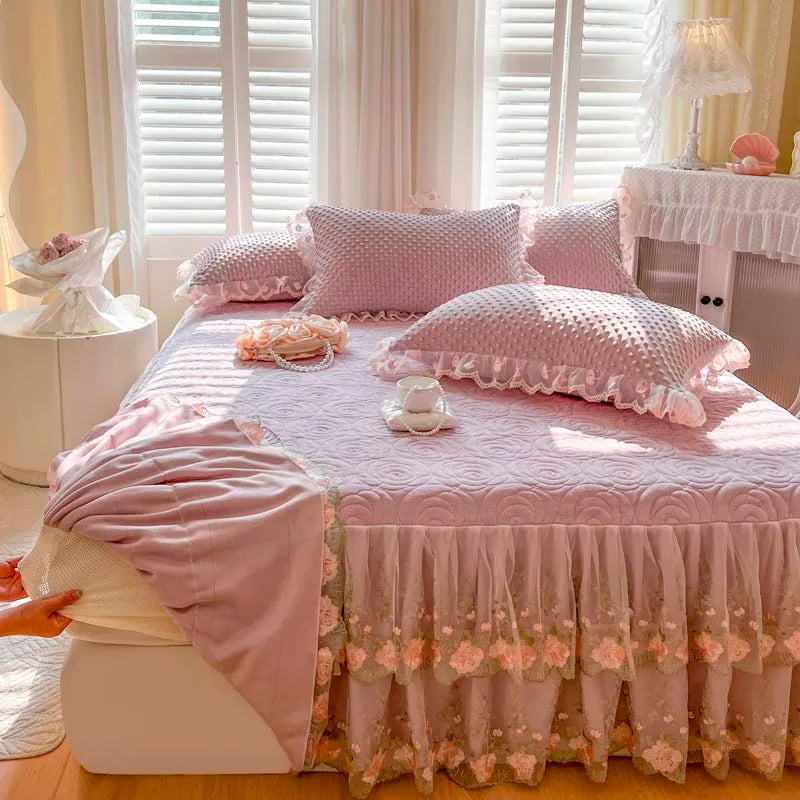 400TC Lace Embroidery Ruffled Bed Skirt Set - Dusty Pink