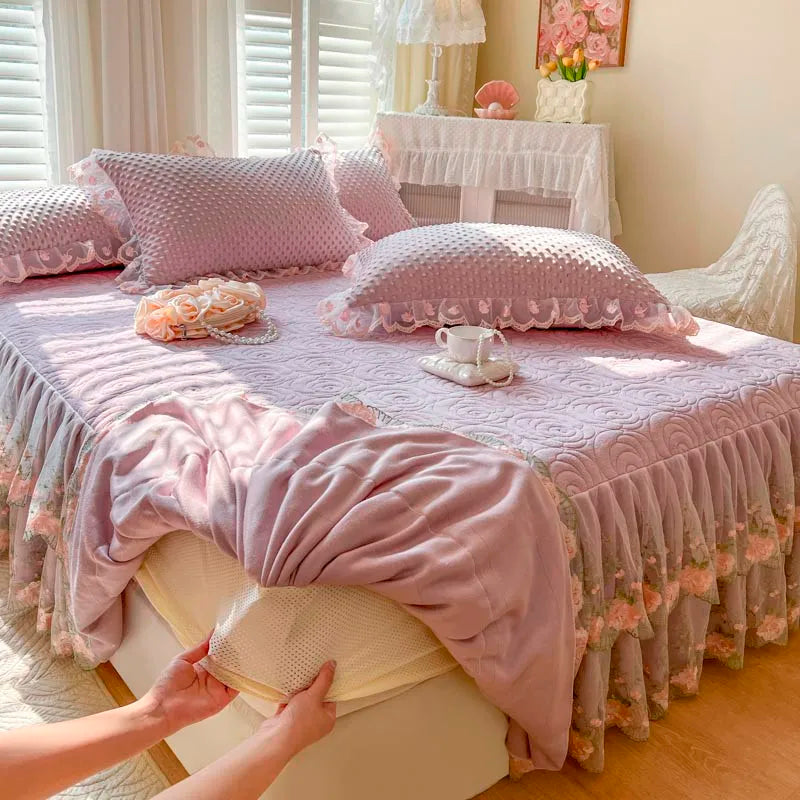 400TC Lace Embroidery Ruffled Bed Skirt Set - Dusty Pink