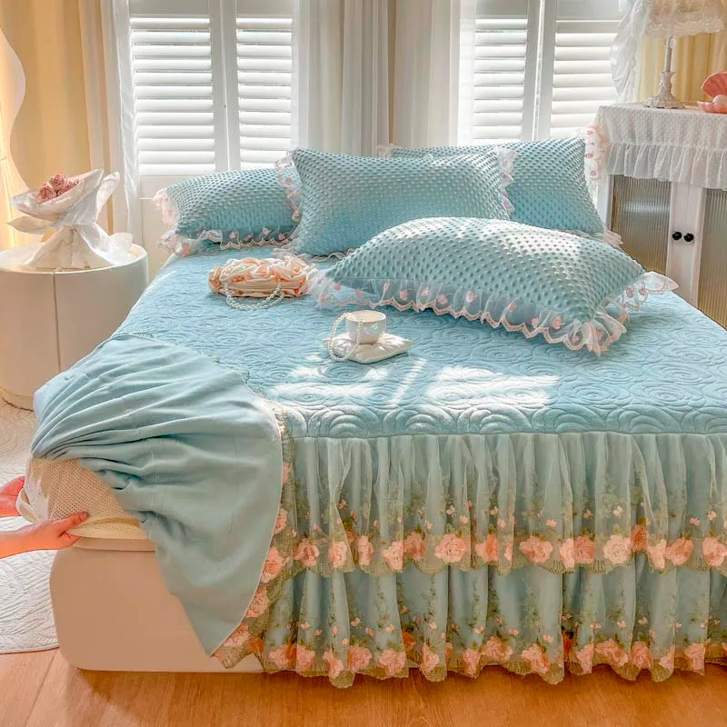 400TC Lace Embroidery Ruffled Bed Skirt Set - Blue