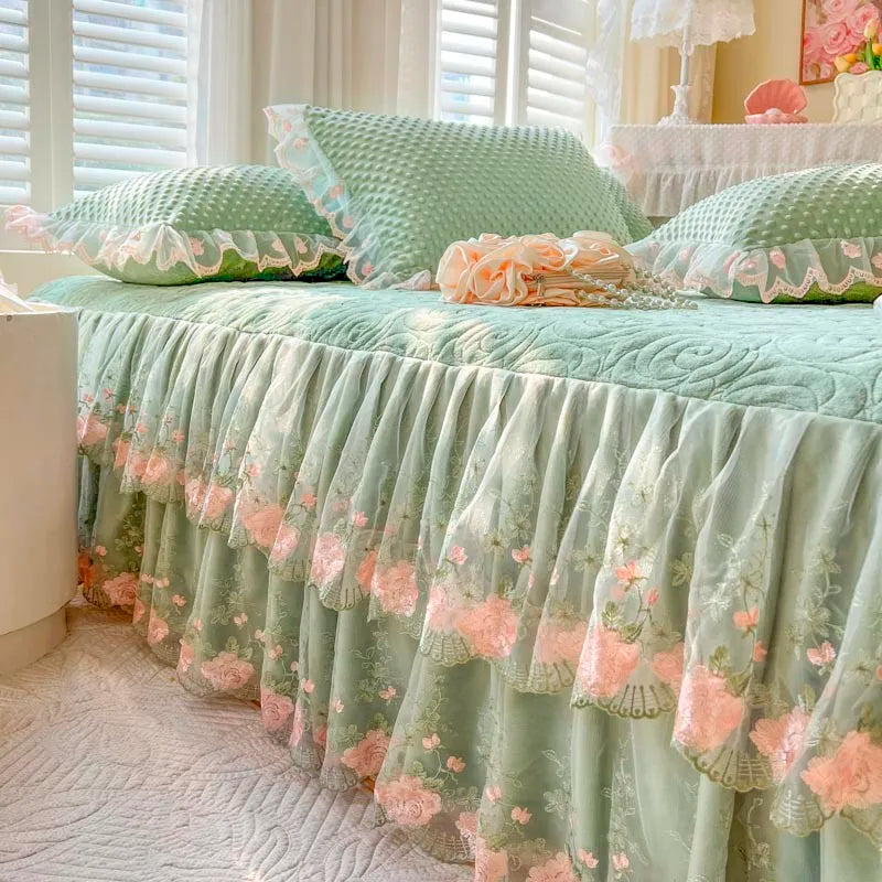 400TC Lace Embroidery Ruffled Bed Skirt Set - Green