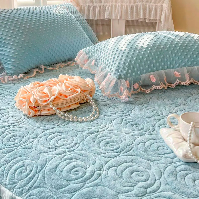 400TC Lace Embroidery Ruffled Bed Skirt Set - Blue