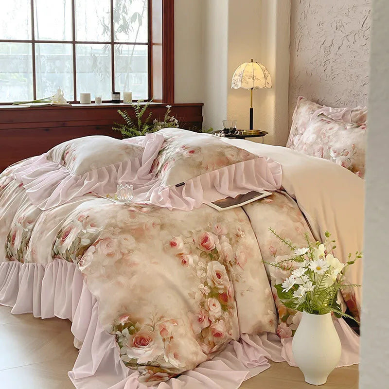 French Romantic 600TC Cotton Floral Bedding Set - Pink