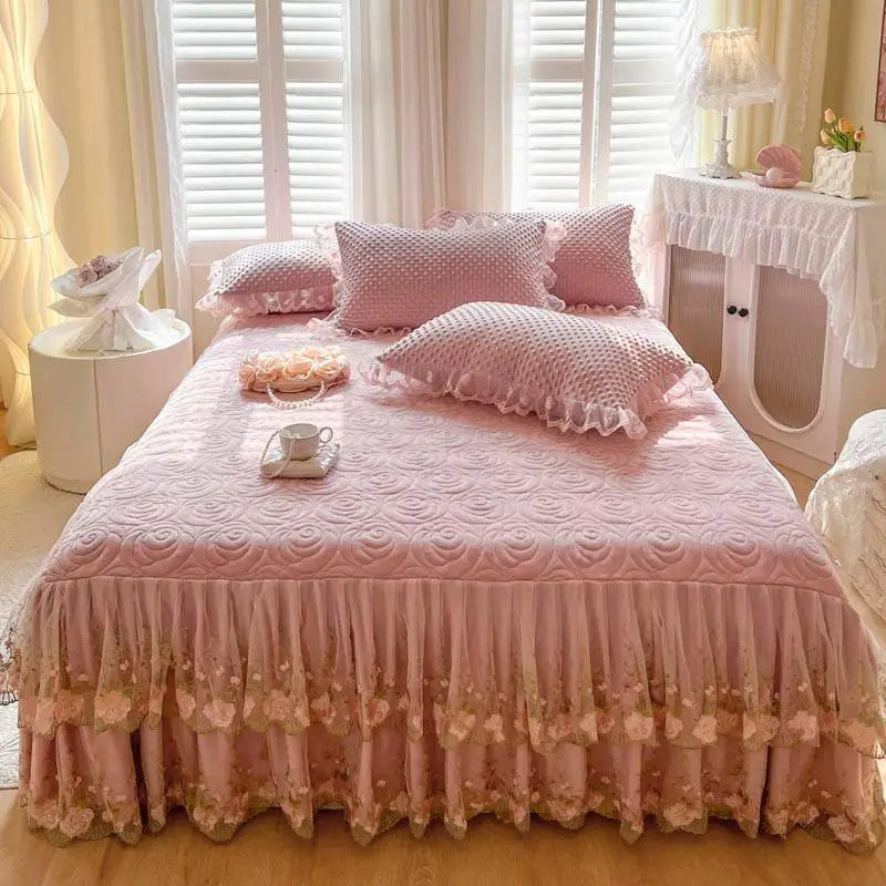 400TC Lace Embroidery Ruffled Bed Skirt Set - Dusty Pink