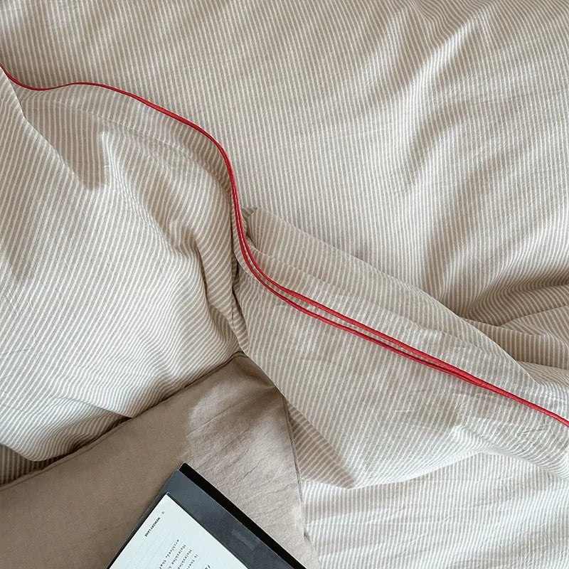 400TC Washed Cotton Pinstripe Duvet Cover Bedding Set 4Pcs - Beige