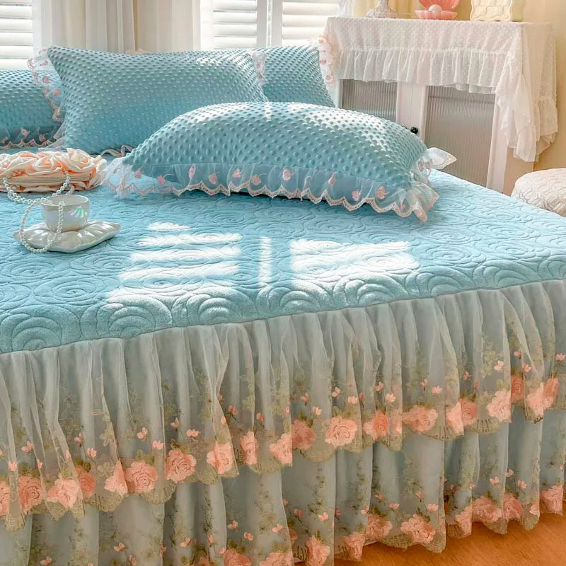 400TC Lace Embroidery Ruffled Bed Skirt Set - Blue
