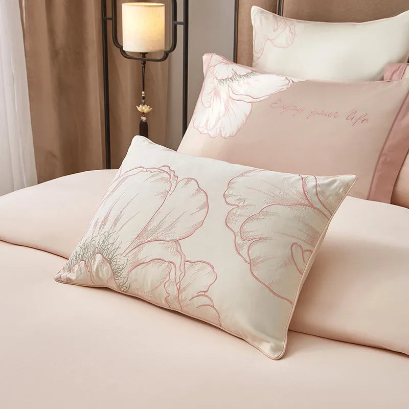 600TC Egyptian Cotton Embroidered Patchwork Bedding Set - Pink