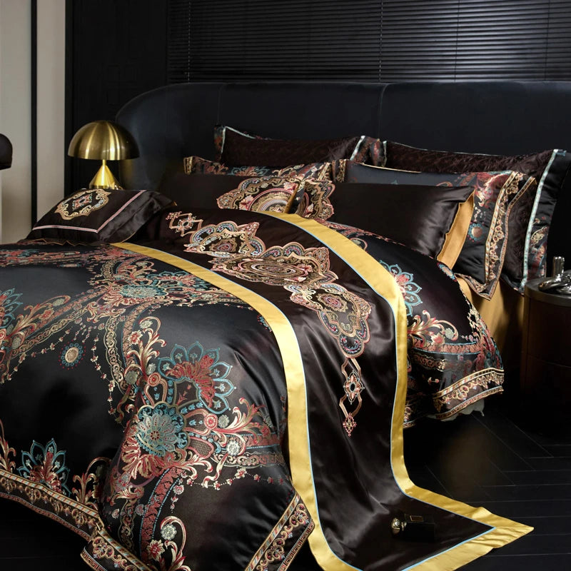 800TC Royal Black Jacquard Embroidered Bedding Set