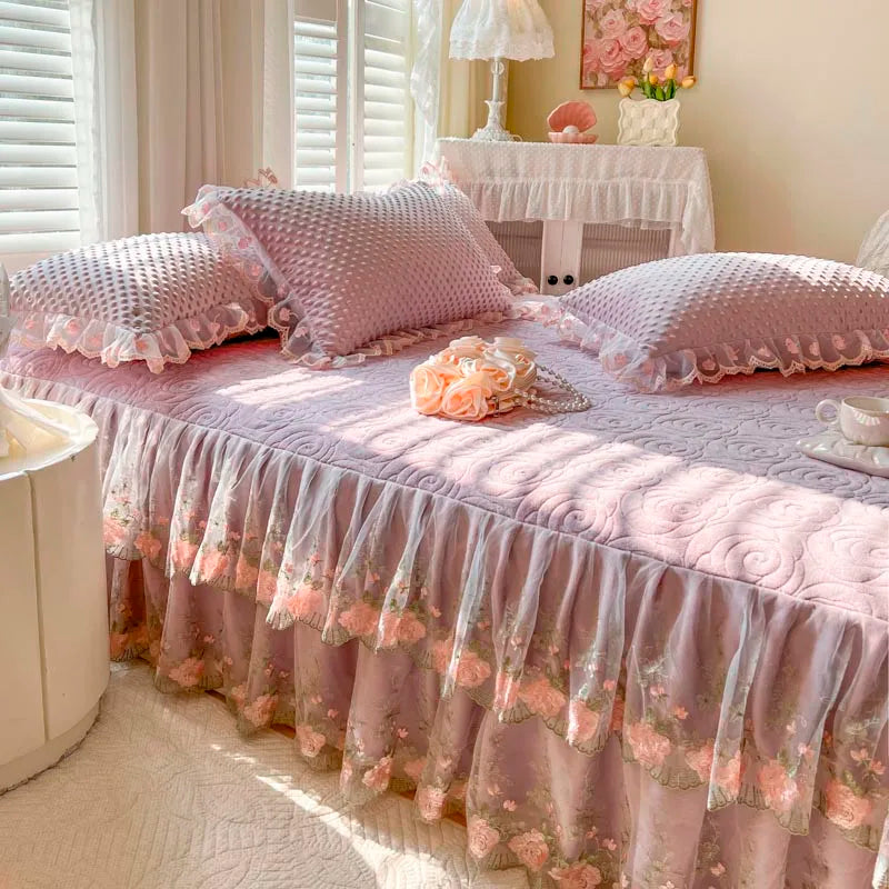 400TC Lace Embroidery Ruffled Bed Skirt Set - Dusty Pink