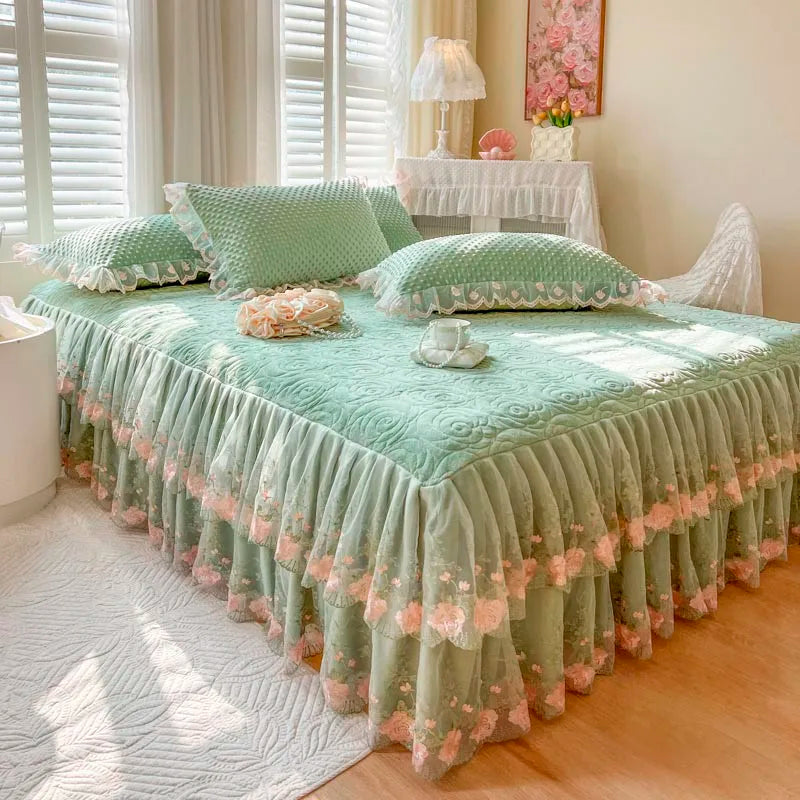 400TC Lace Embroidery Ruffled Bed Skirt Set - Green
