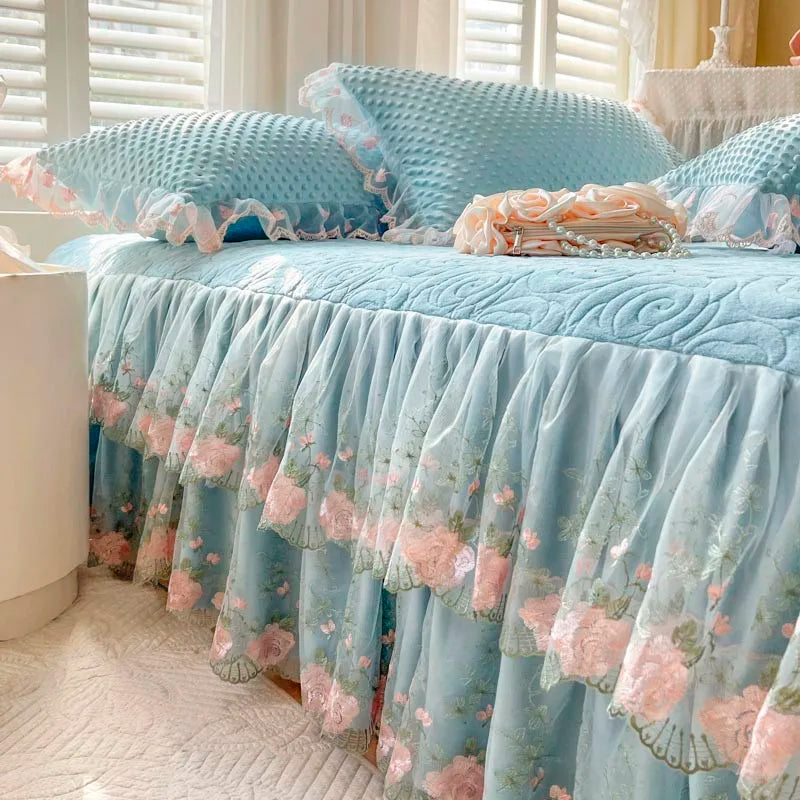400TC Lace Embroidery Ruffled Bed Skirt Set - Blue