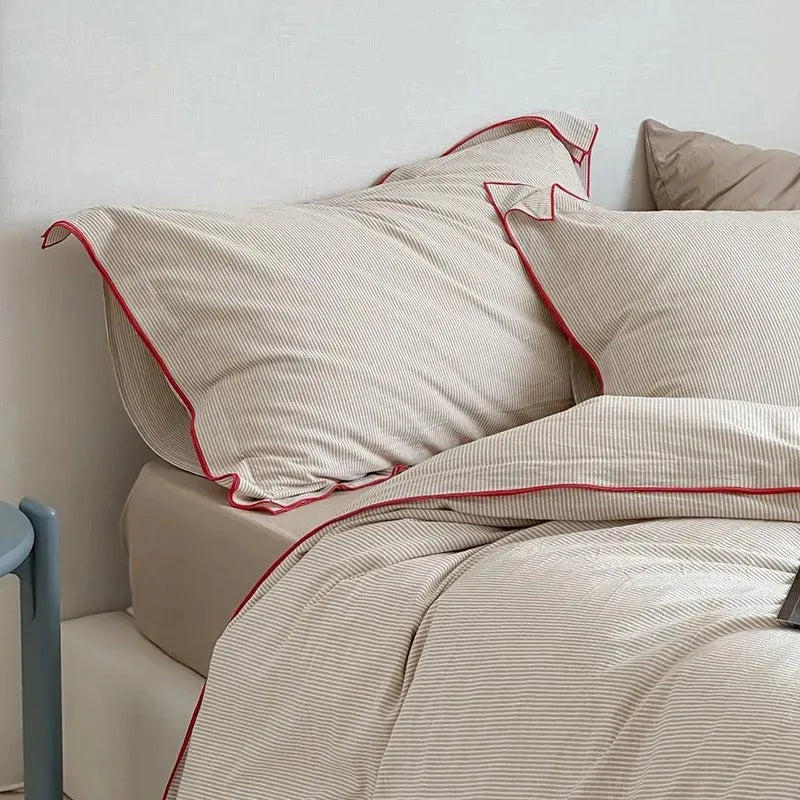 400TC Washed Cotton Pinstripe Duvet Cover Bedding Set 4Pcs - Beige