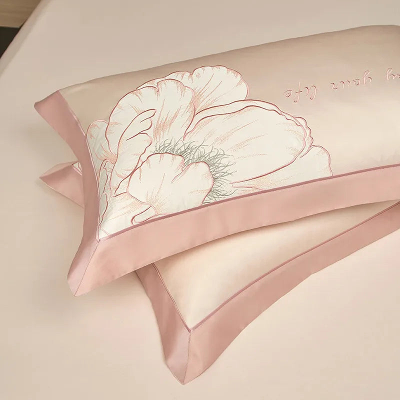 600TC Egyptian Cotton Embroidered Patchwork Bedding Set - Pink