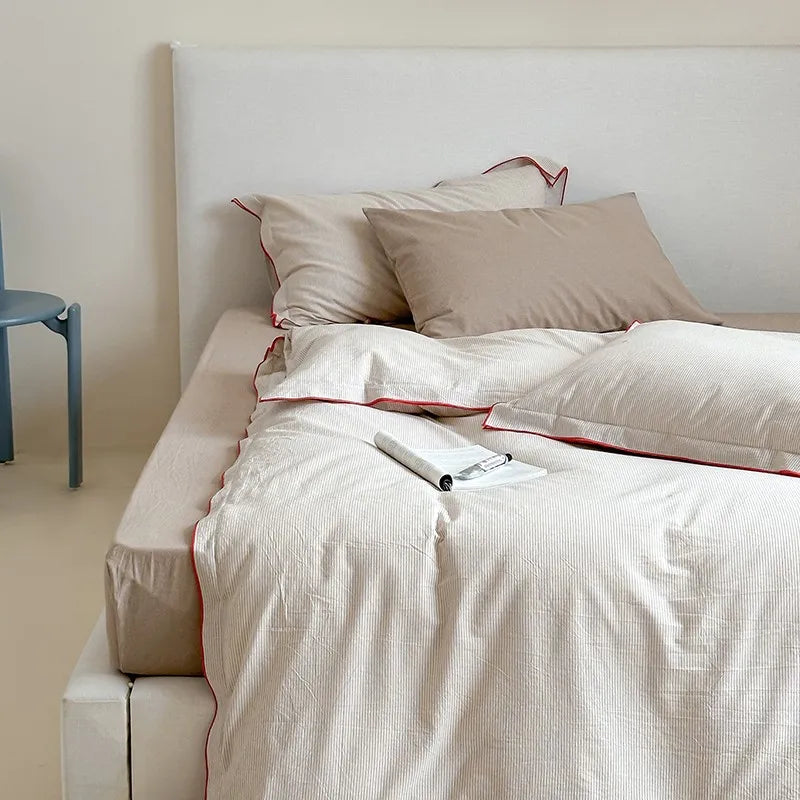 400TC Washed Cotton Pinstripe Duvet Cover Bedding Set 4Pcs - Beige