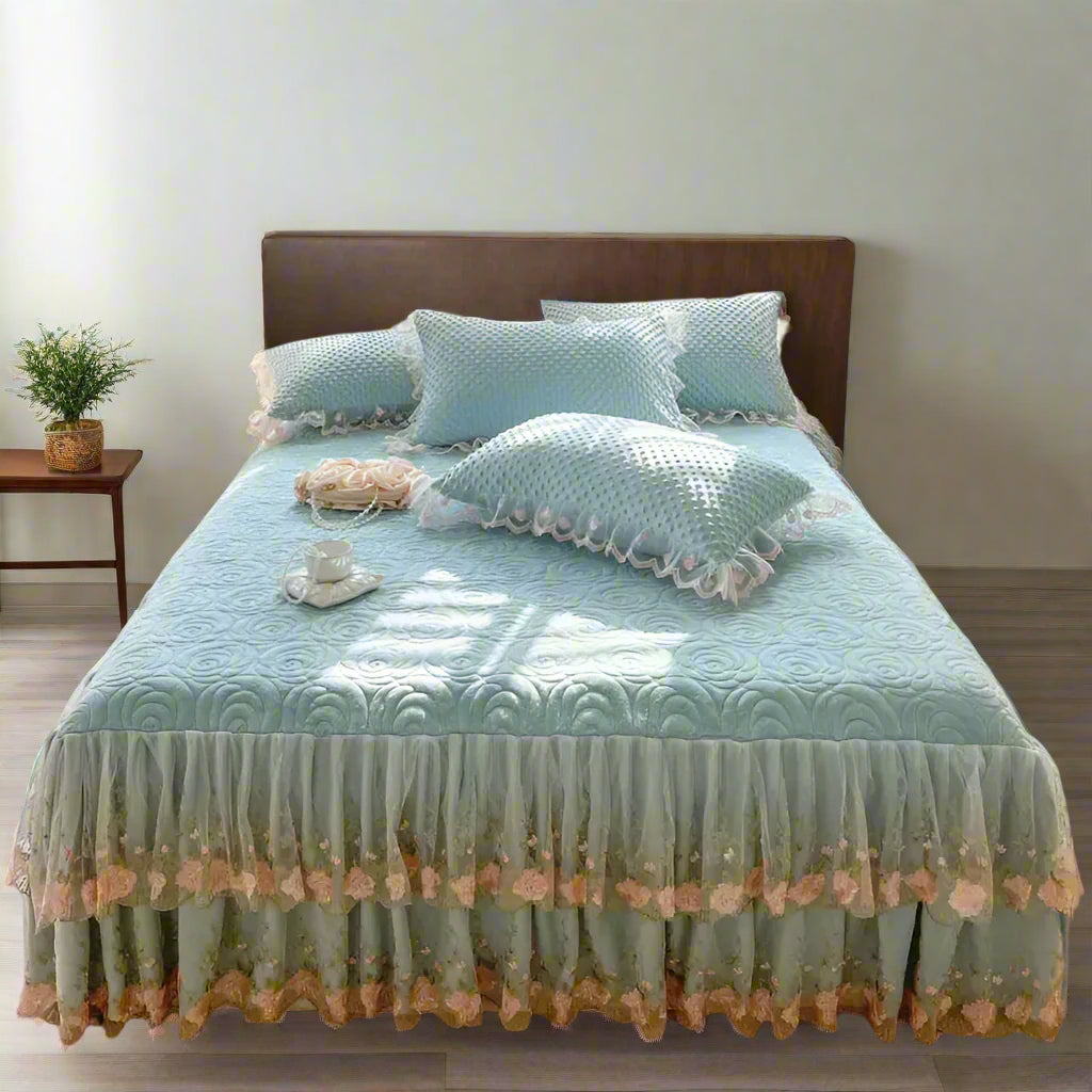 400TC Lace Embroidery Ruffled Bed Skirt Set - Blue