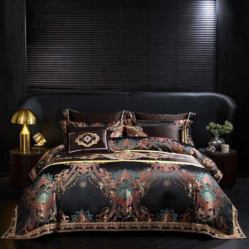 800TC Royal Black Jacquard Embroidered Bedding Set