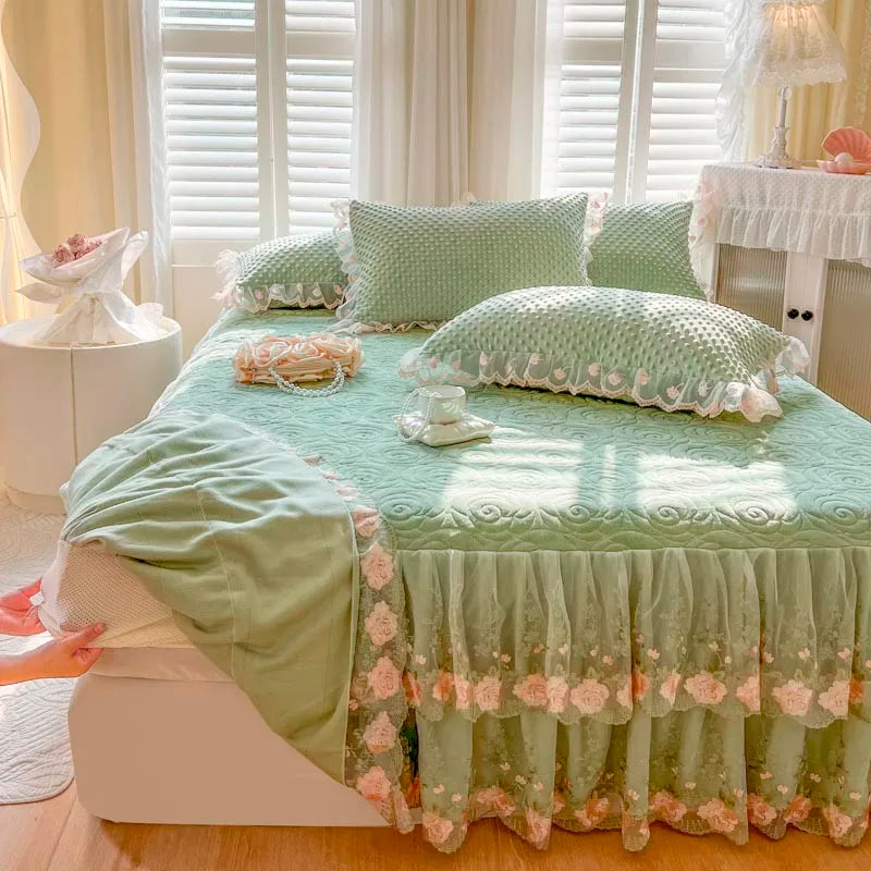 400TC Lace Embroidery Ruffled Bed Skirt Set - Green