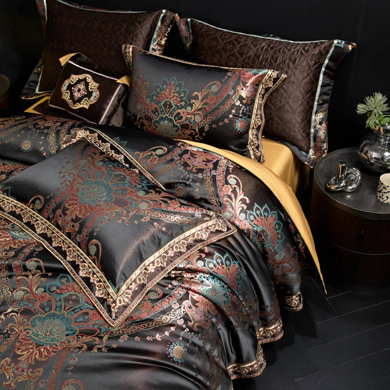800TC Royal Black Jacquard Embroidered Bedding Set