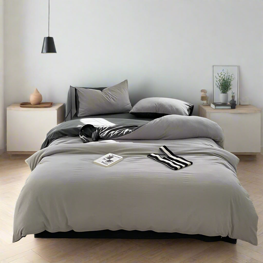 Seersucker 3-Piece Duvet Cover Set  Microfiber - Light Grey