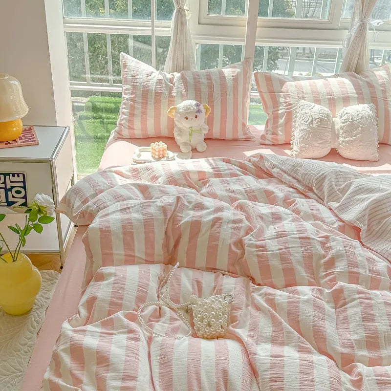 Silk bedding set Lightweight  Luxury Striped Bedding Set - Pink