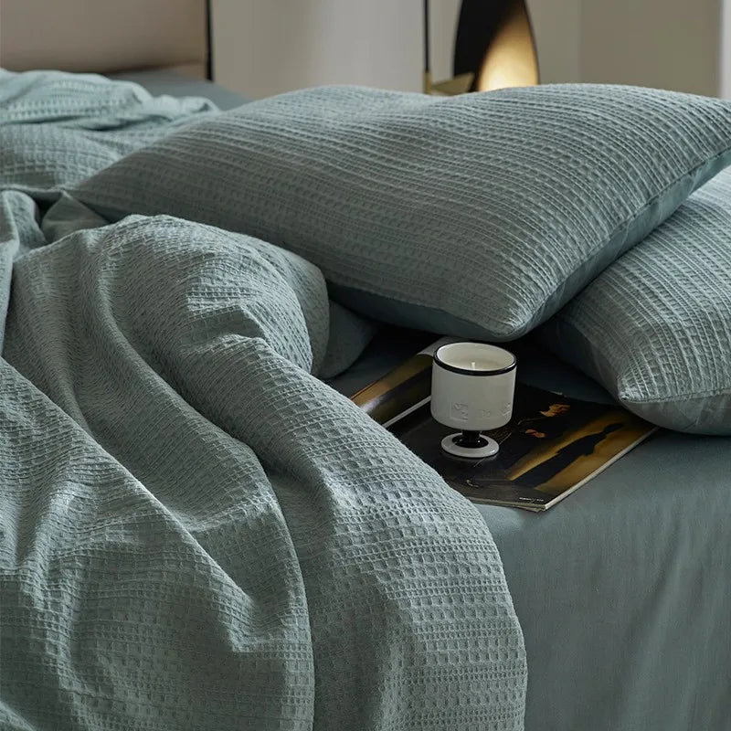 Sky family size 600TC Washed Cotton Waffle Weave Duvet Cover Bedding Set