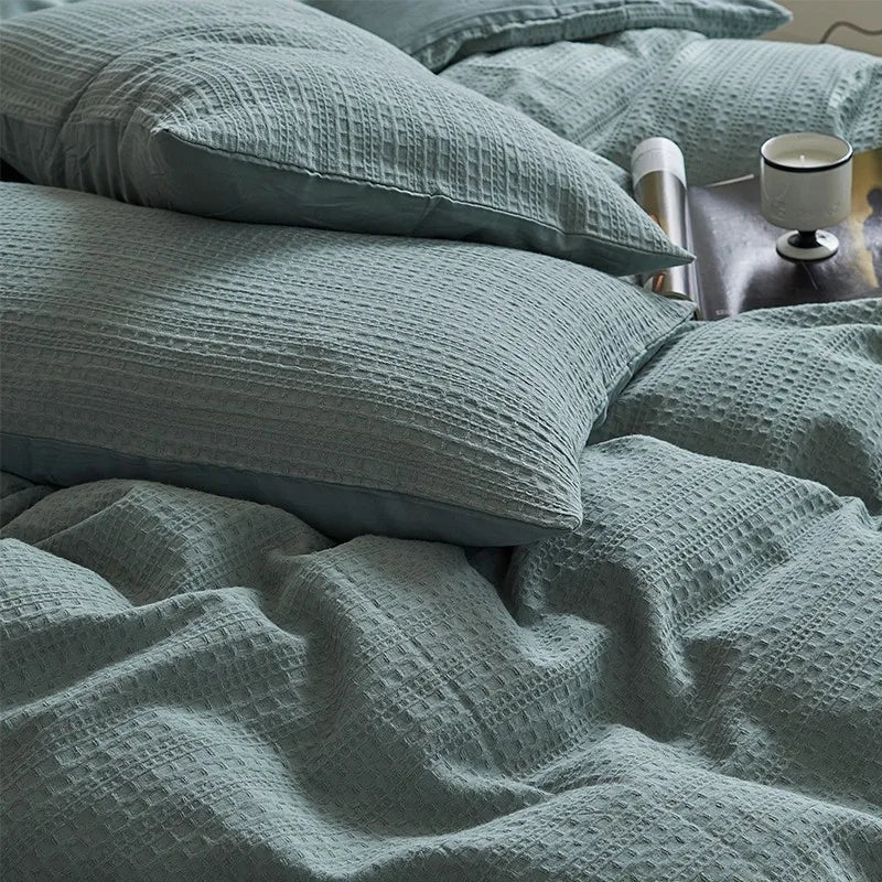 Sky queen size 600TC Washed Cotton Waffle Weave Duvet Cover Bedding Set