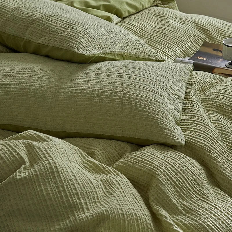 Twin size 600TC Washed Cotton Waffle Weave Duvet Cover Bedding Set - Mint