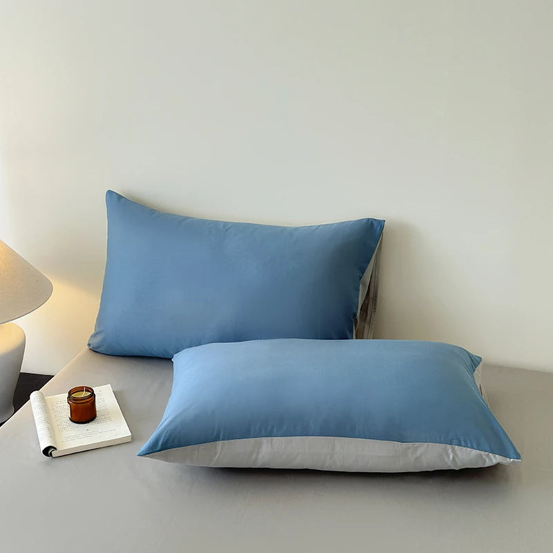 Two blue pillows on a bed with a minimal background