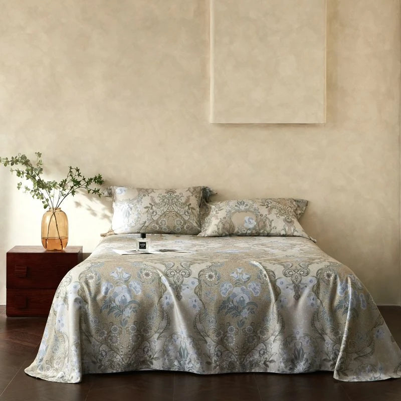 Vintage print bedding set in a bedroom setting