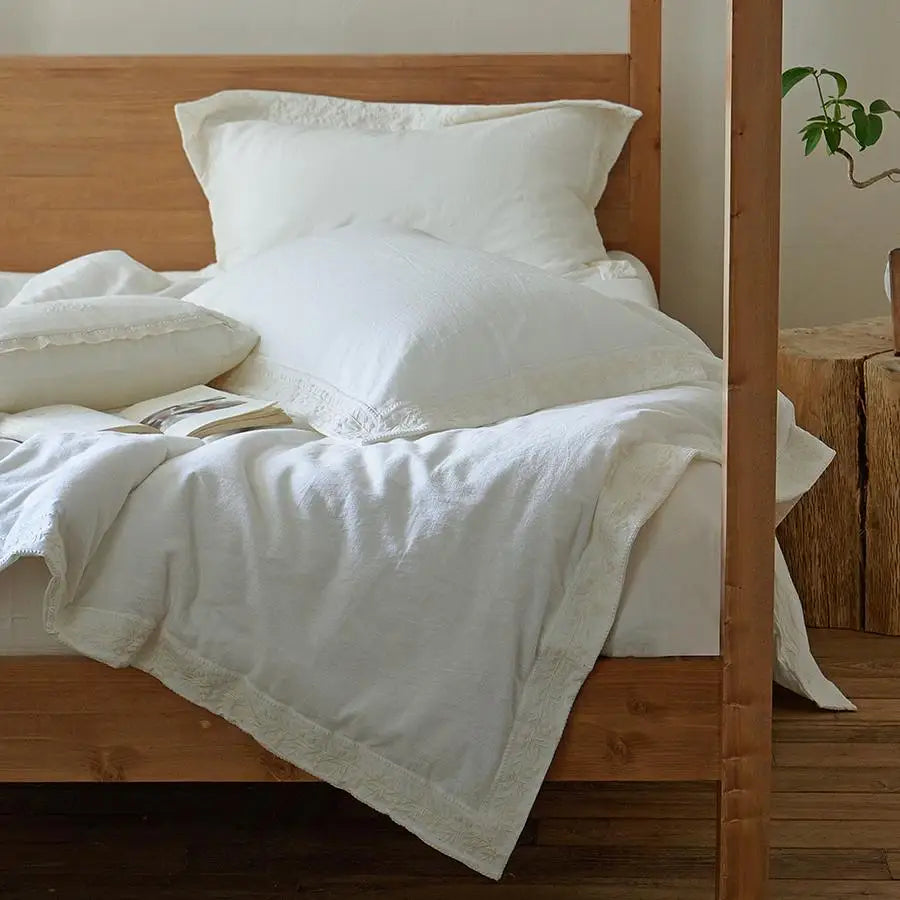 White cotton linen bedding set at The Happy Ladies