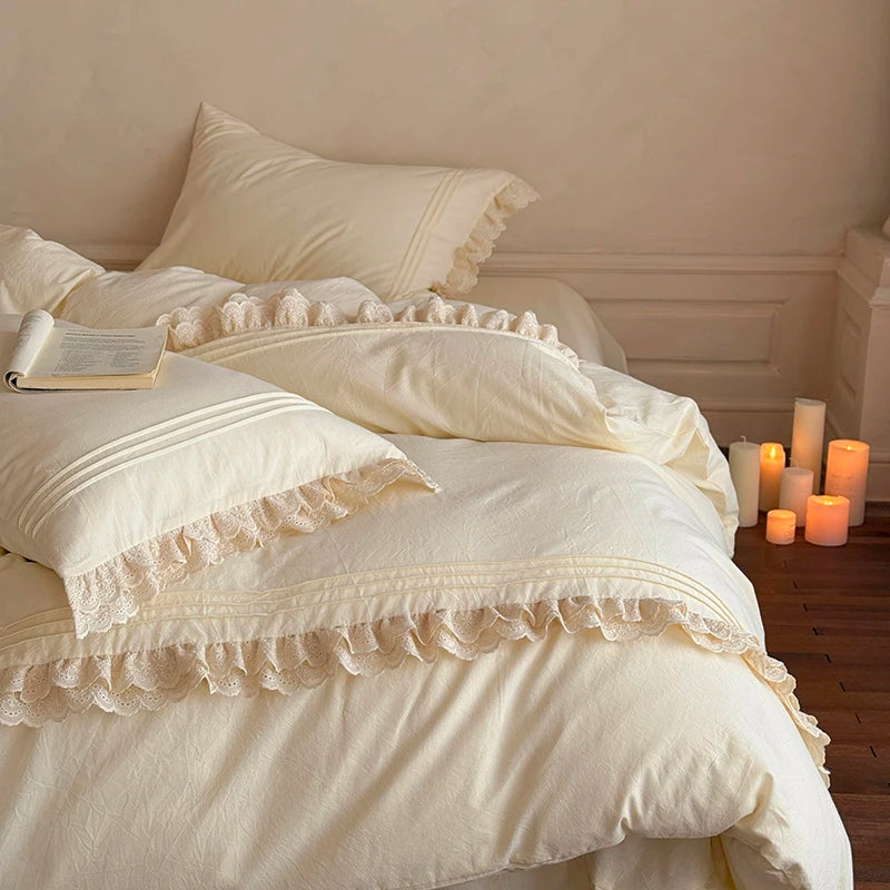 White ruffled bedding and pillows