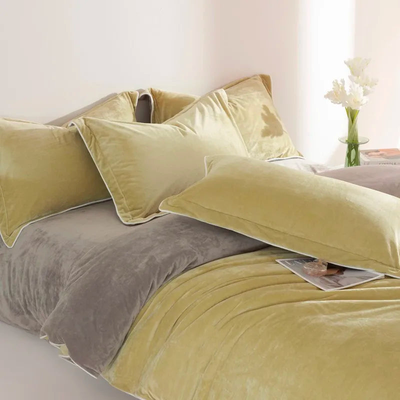 Yellow and Grey 500TC Reversible Fluffy Microfiber velvet textured bedding set with flat and fitted sheets 