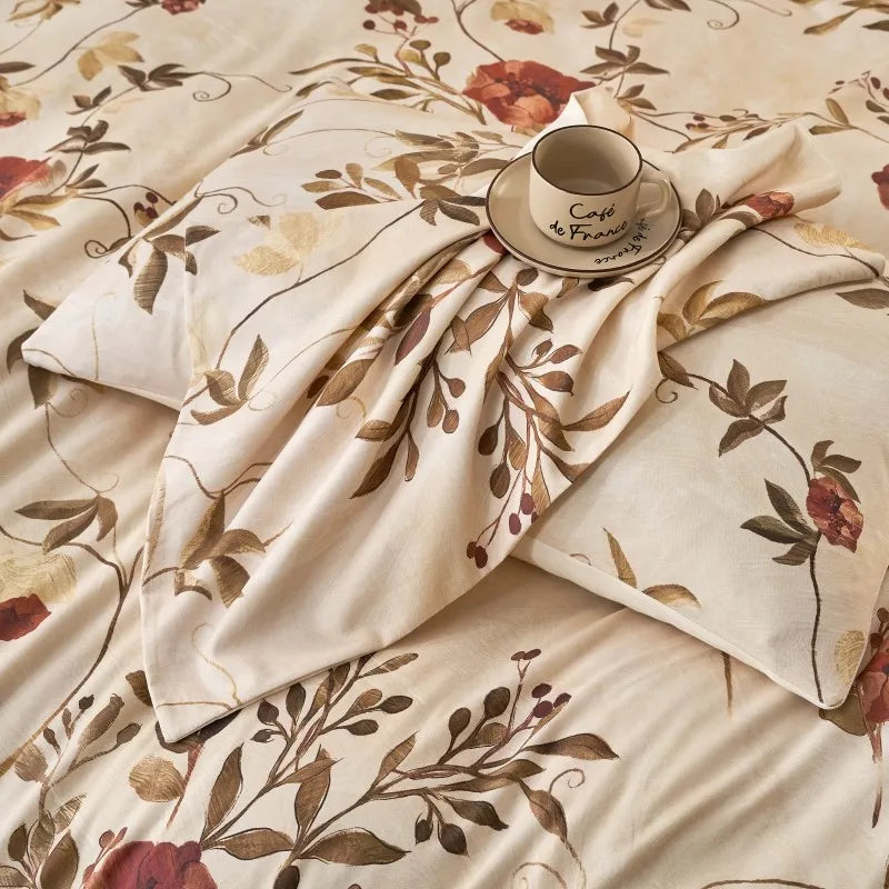 designer bedding Ultra Soft 400TC Cotton Floral Printed Bedding Set - Beige