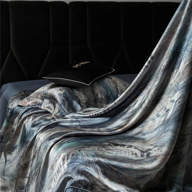grey and blue silk and lyocell blend digital print bedding set 