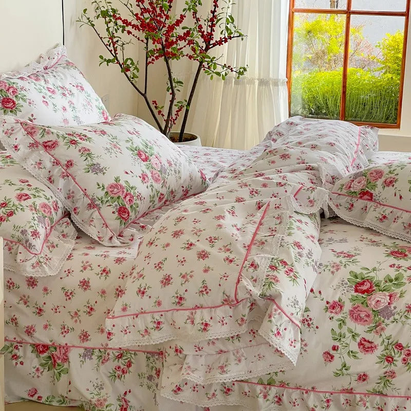 luxury  Cotton Floral Ruffle Duvet Cover Set - Pink