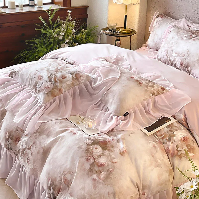luxury French Romantic 600TC Cotton Floral Bedding Set - Baby Pink