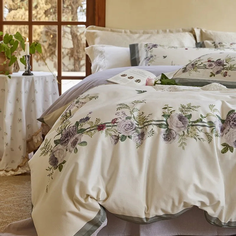 luxury Soft Cotton Floral Duvet Cover Set - White