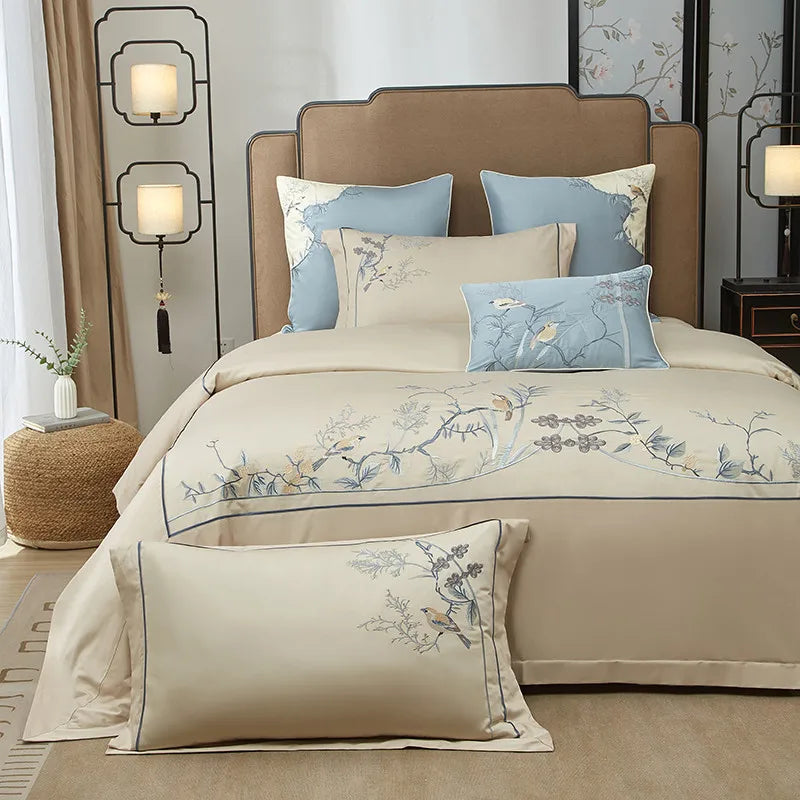 luxury bed sets Egyptian Cotton Embroidered Patchwork Bedding Set - Beige