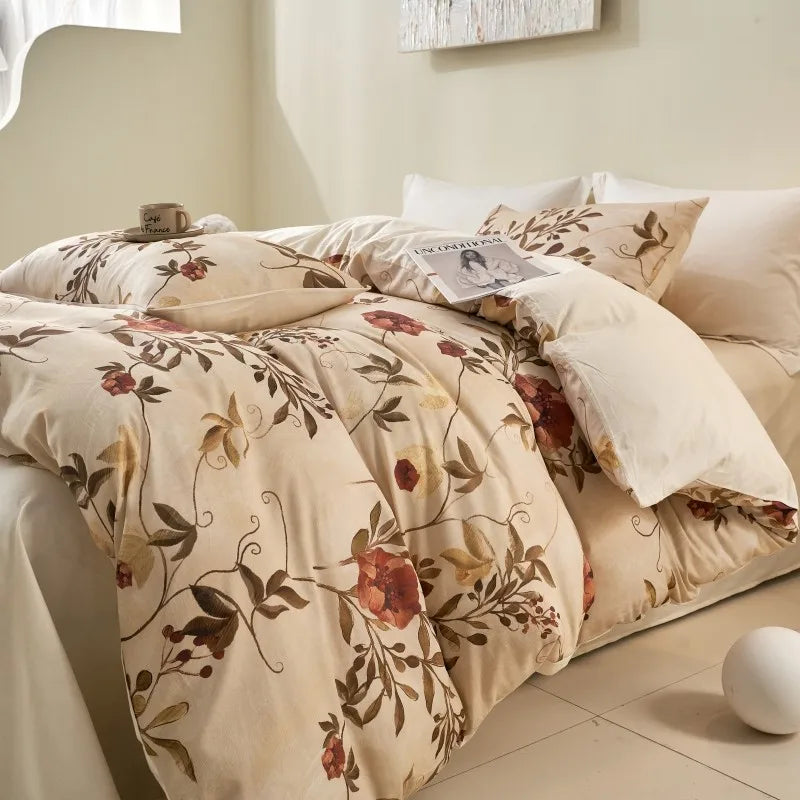 luxury bed sheet Ultra Soft 400TC Cotton Floral Printed Bedding Set - Beige