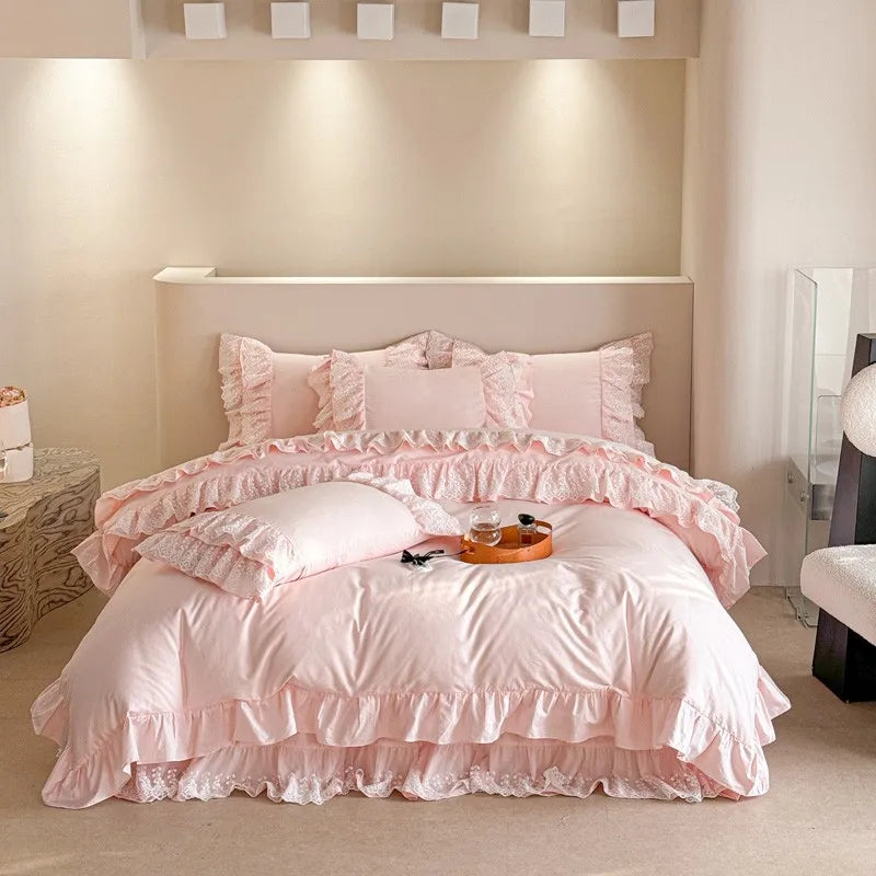 luxury bed sheets 600TC Pink 100%Egyptian Cotton Ruffle Lace Bedding set