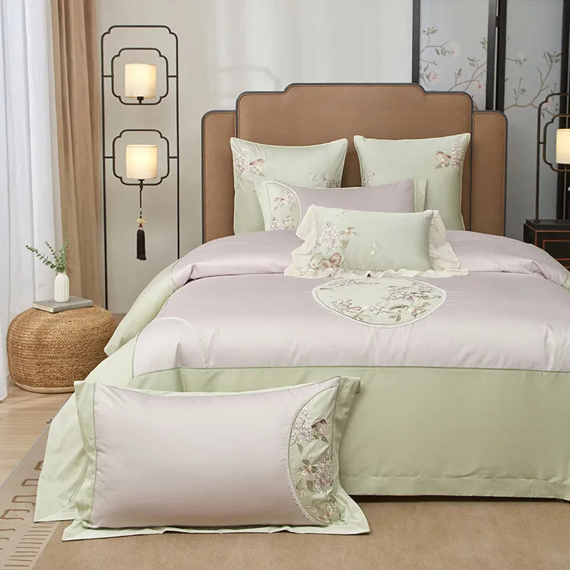 luxury bed sheets  Egyptian Cotton Embroidered Patchwork Bedding Set - Lilac