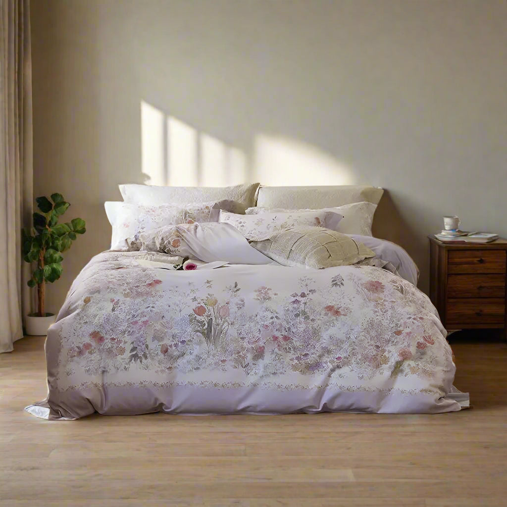 luxury bed sheets Soft Cotton Floral Duvet Cover Set - Lilac