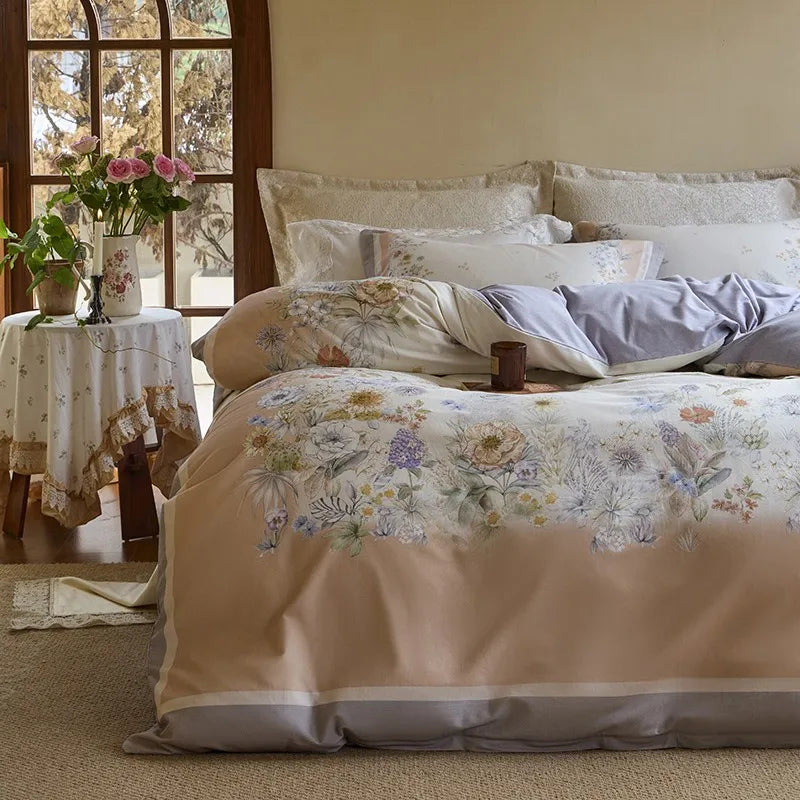 luxury bed sheets Soft Cotton Floral Duvet Cover Set - Peach